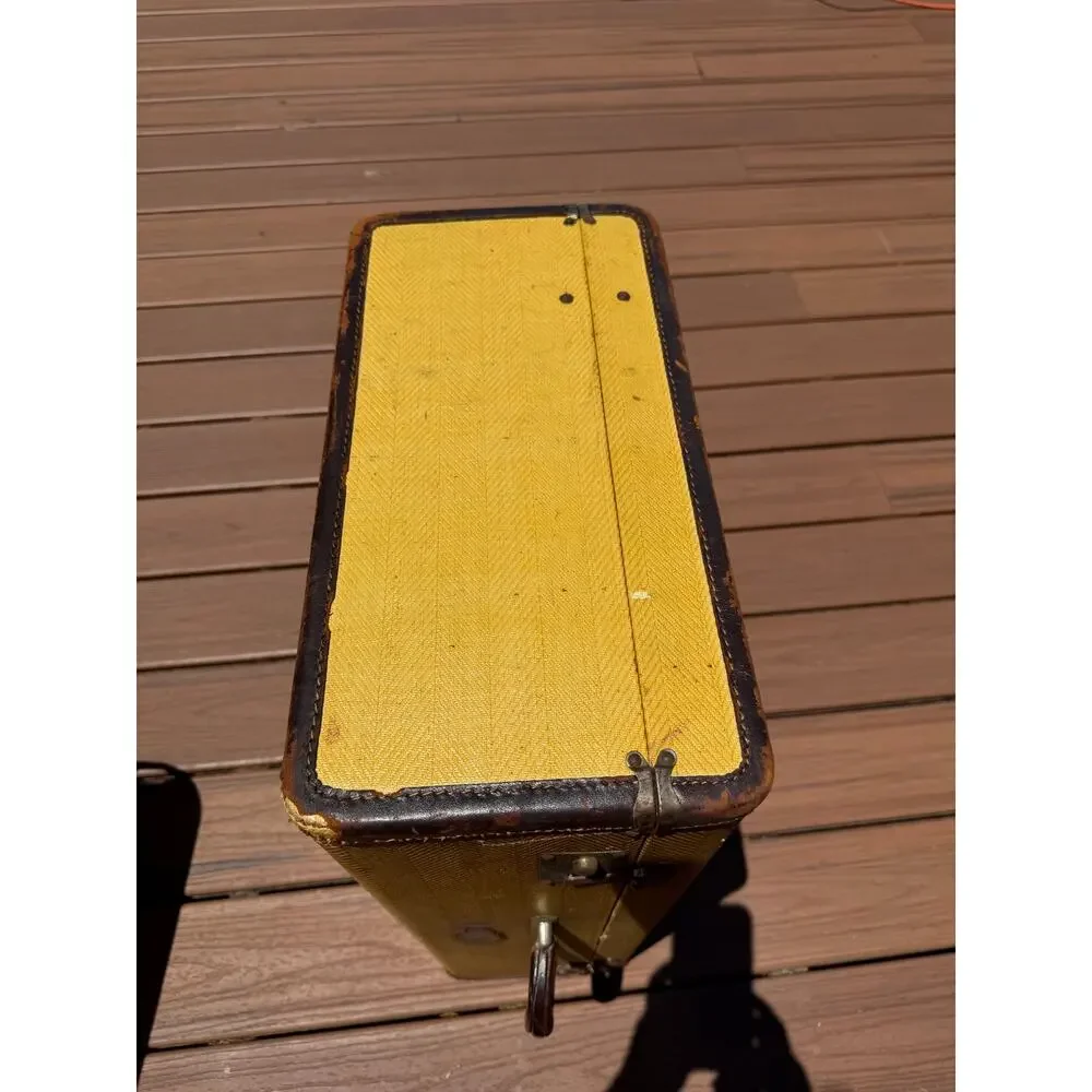 Vintage Mustard Yellow Tweed Train Suitcase 24” Leather Trim Overnight Luggage